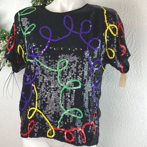 Vintage RINA Z Silk Black Sequin Blouse with Multicolored Sequin Design🎄